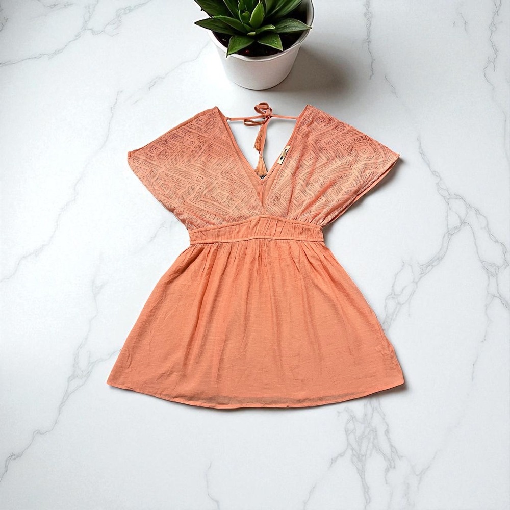 Miken‎ Women's Swim Cover Up Coral Orange Crochet Detail V Neck Size L